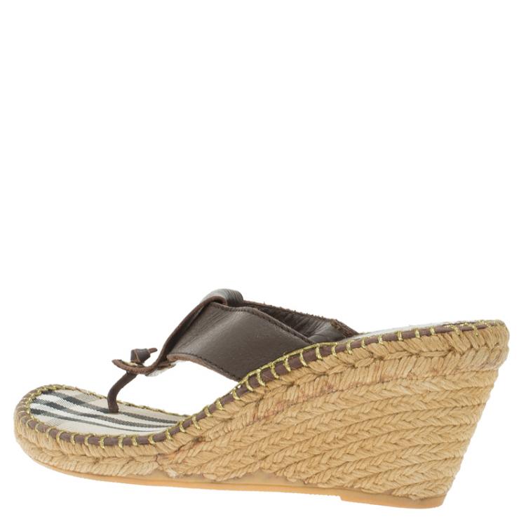 Pre Owned Burberry Brown Leather Espadrille Thong Sandals Size 39