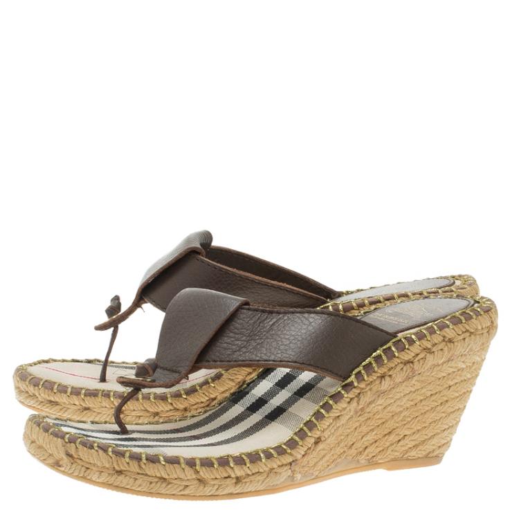 Pre Owned Burberry Brown Leather Espadrille Thong Sandals Size 39