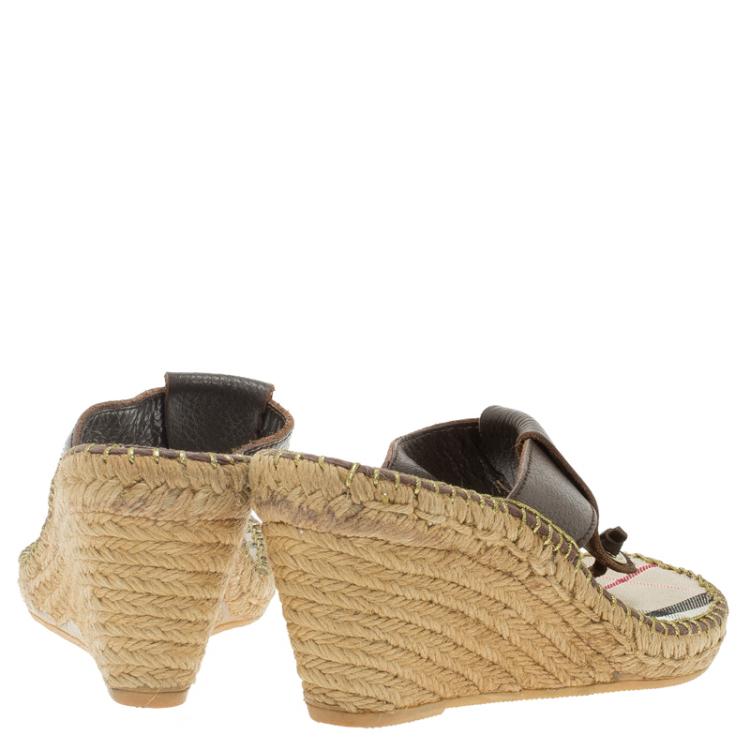 Pre Owned Burberry Brown Leather Espadrille Thong Sandals Size 39