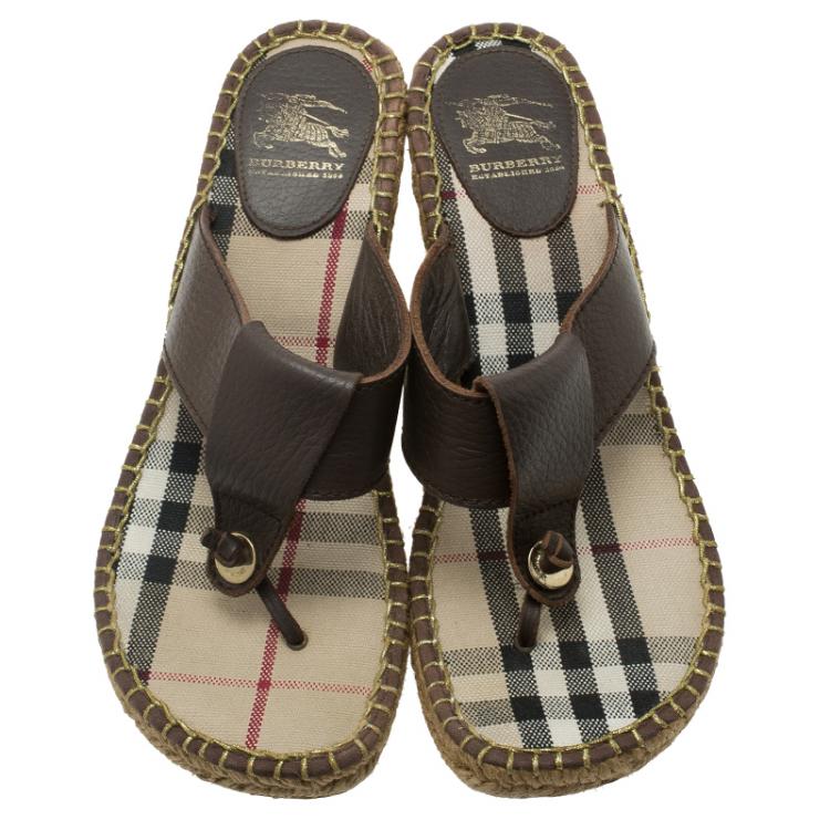 Pre Owned Burberry Brown Leather Espadrille Thong Sandals Size 39