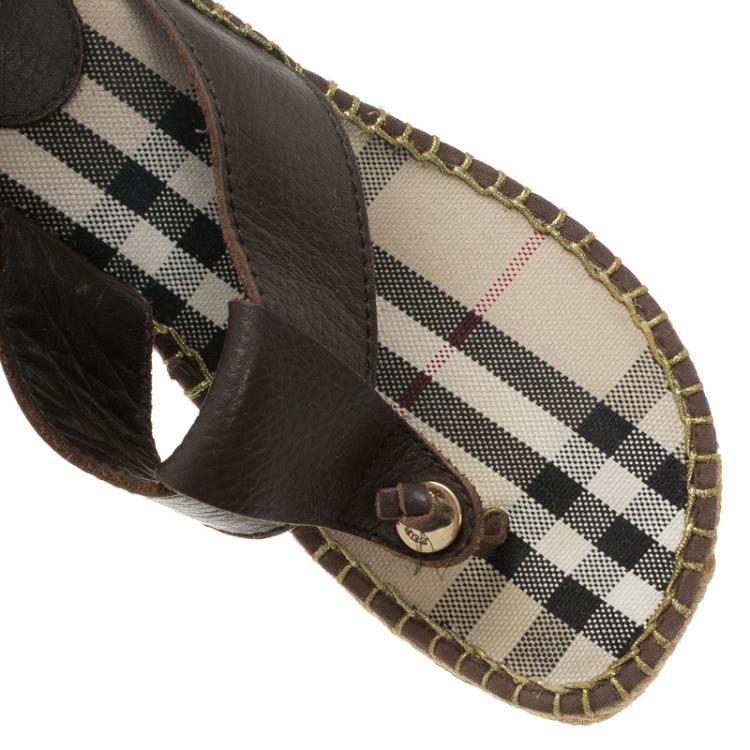 Pre Owned Burberry Brown Leather Espadrille Thong Sandals Size 39