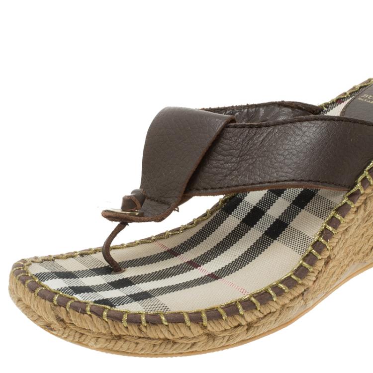 Pre Owned Burberry Brown Leather Espadrille Thong Sandals Size 39