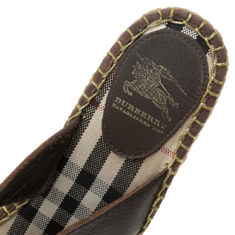 Pre Owned Burberry Brown Leather Espadrille Thong Sandals Size 39