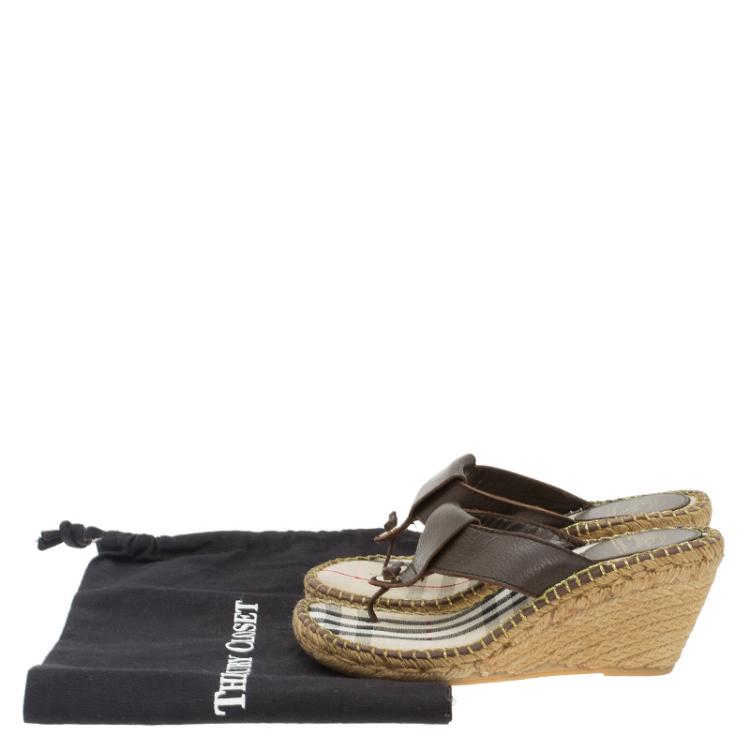 Pre Owned Burberry Brown Leather Espadrille Thong Sandals Size 39