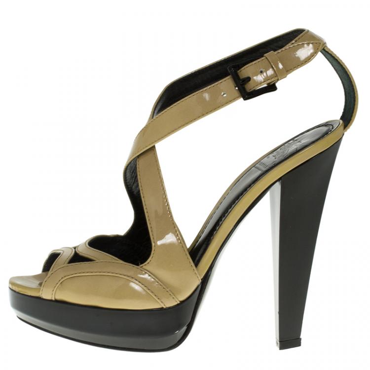 Pre Owned Burberry Beige Patent Criss Cross Strappy Platform Sandals Size 36