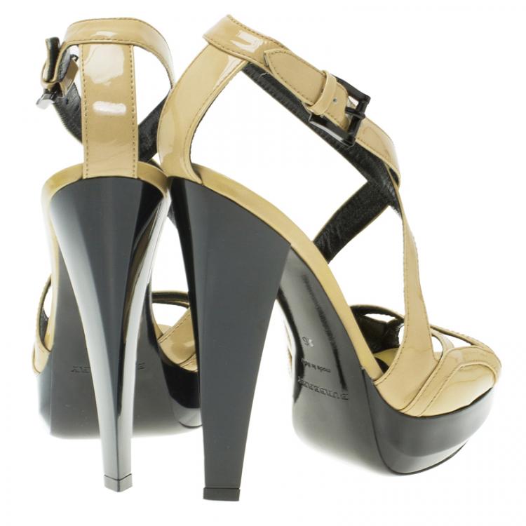 Pre Owned Burberry Beige Patent Criss Cross Strappy Platform Sandals Size 36