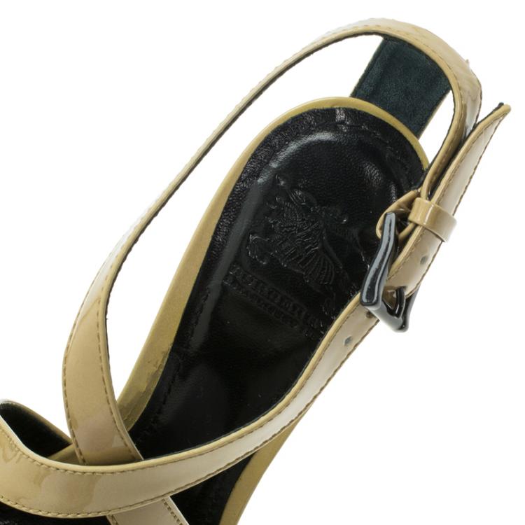 Pre Owned Burberry Beige Patent Criss Cross Strappy Platform Sandals Size 36