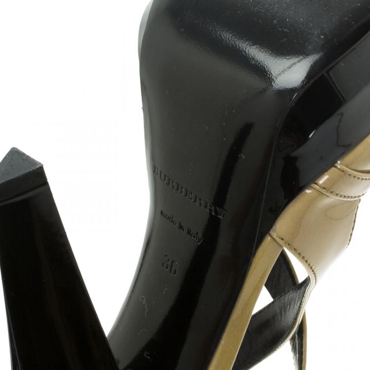 Pre Owned Burberry Beige Patent Criss Cross Strappy Platform Sandals Size 36