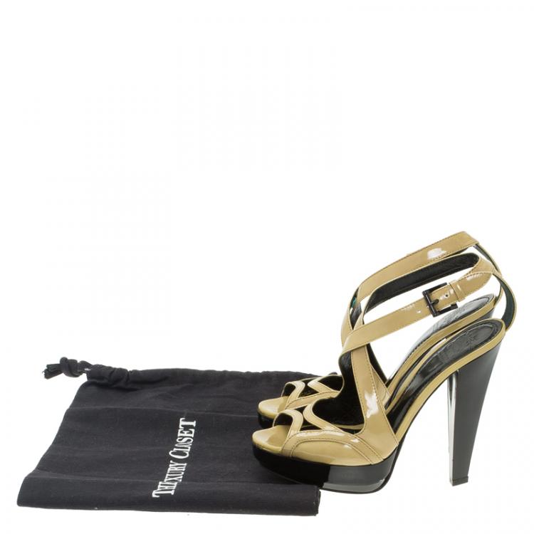 Pre Owned Burberry Beige Patent Criss Cross Strappy Platform Sandals Size 36