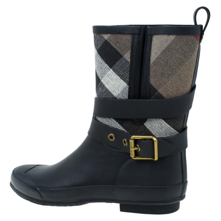 Pre Owned Burberry Black NovaCheck Detail Belted Rain Boots Size 38
