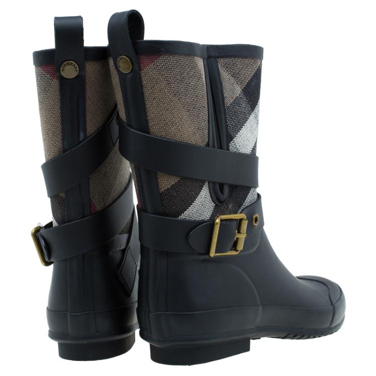 Pre Owned Burberry Black NovaCheck Detail Belted Rain Boots Size 38
