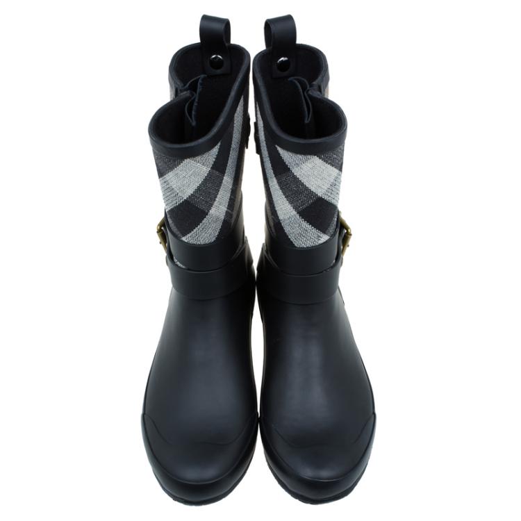 Pre Owned Burberry Black NovaCheck Detail Belted Rain Boots Size 38