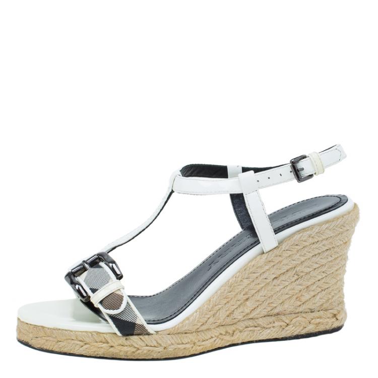 Pre Owned Burberry White Patent Leather Check Espadrilles Wedge Sandals Size 37