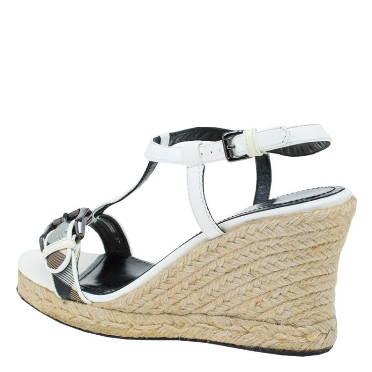 Pre Owned Burberry White Patent Leather Check Espadrilles Wedge Sandals Size 37
