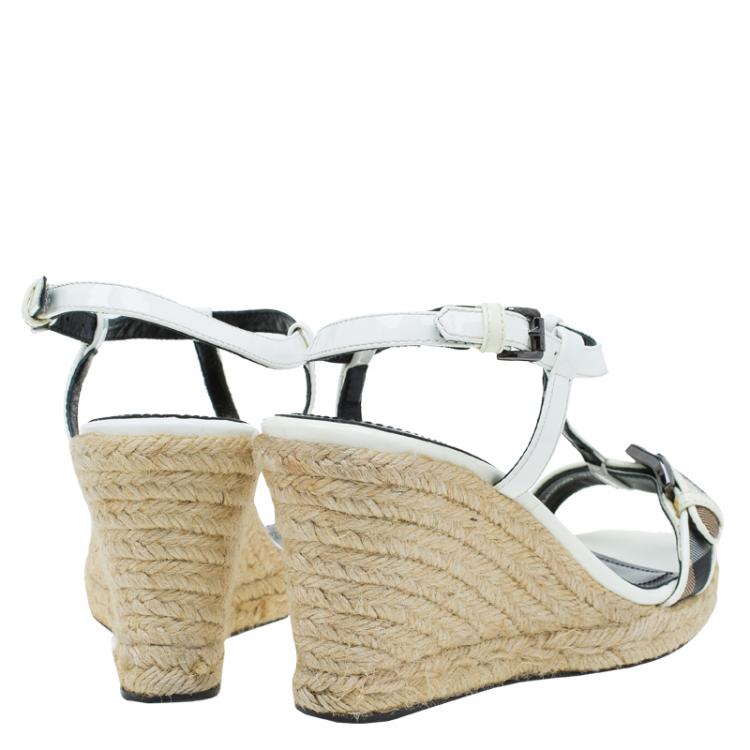 Pre Owned Burberry White Patent Leather Check Espadrilles Wedge Sandals Size 37