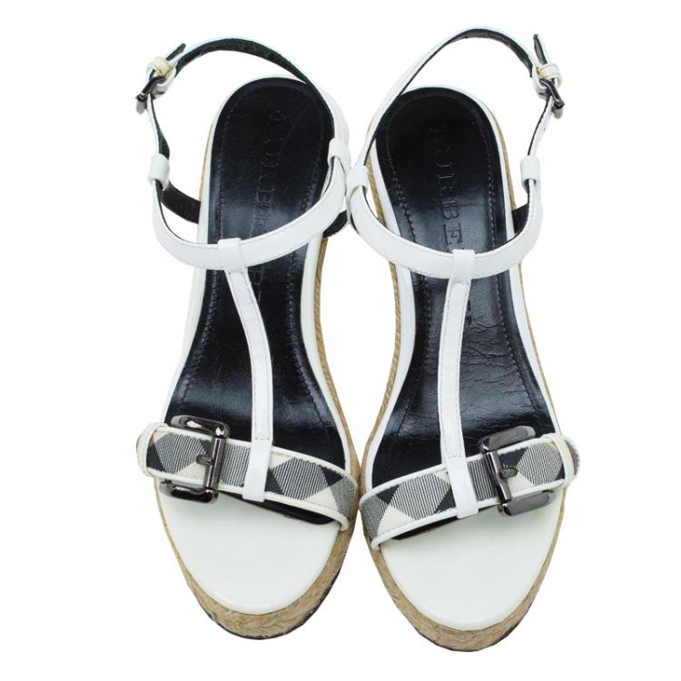 Pre Owned Burberry White Patent Leather Check Espadrilles Wedge Sandals Size 37