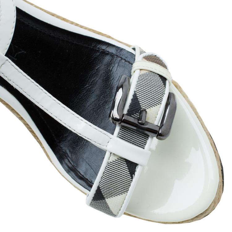 Pre Owned Burberry White Patent Leather Check Espadrilles Wedge Sandals Size 37