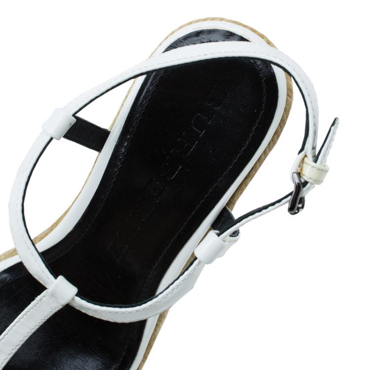 Pre Owned Burberry White Patent Leather Check Espadrilles Wedge Sandals Size 37
