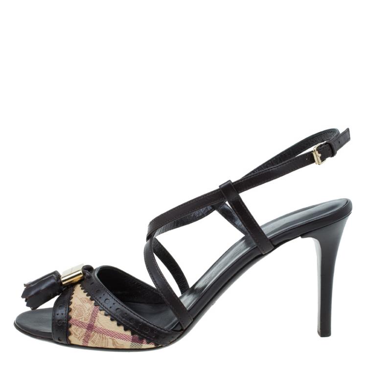 مملوكة مسبقًا Burberry Brown Leather and Novacheck Tassel Criss Cross Sandals Size 37.5