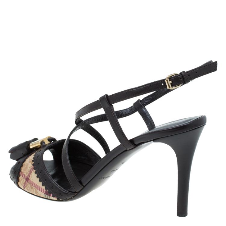 مملوكة مسبقًا Burberry Brown Leather and Novacheck Tassel Criss Cross Sandals Size 37.5