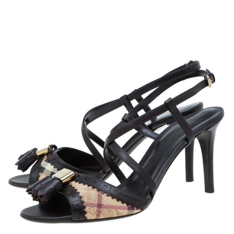 مملوكة مسبقًا Burberry Brown Leather and Novacheck Tassel Criss Cross Sandals Size 37.5