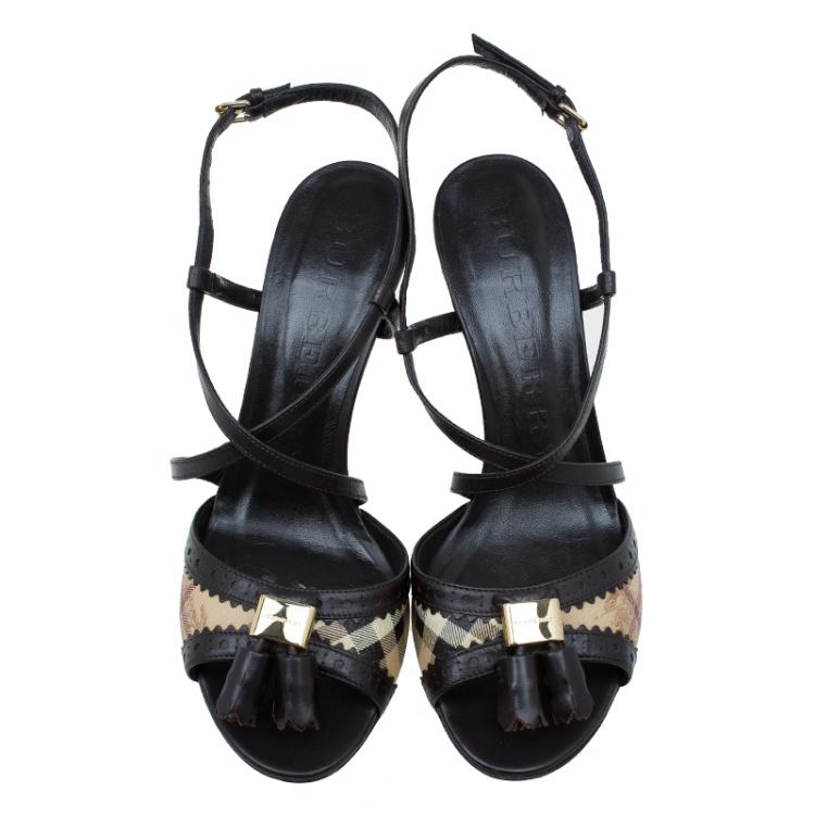مملوكة مسبقًا Burberry Brown Leather and Novacheck Tassel Criss Cross Sandals Size 37.5