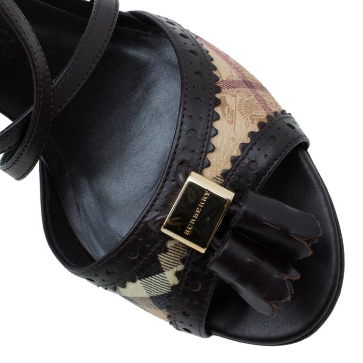 مملوكة مسبقًا Burberry Brown Leather and Novacheck Tassel Criss Cross Sandals Size 37.5
