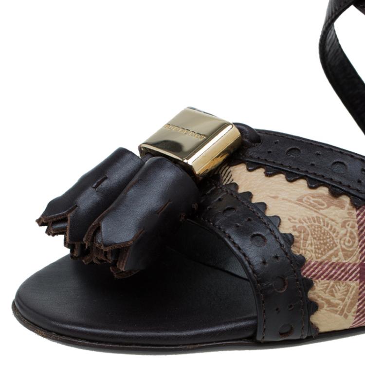 مملوكة مسبقًا Burberry Brown Leather and Novacheck Tassel Criss Cross Sandals Size 37.5