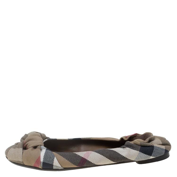 Pre Owned Burberry Brown Canvas Novacheck Knotted Ballet Flats Size 37