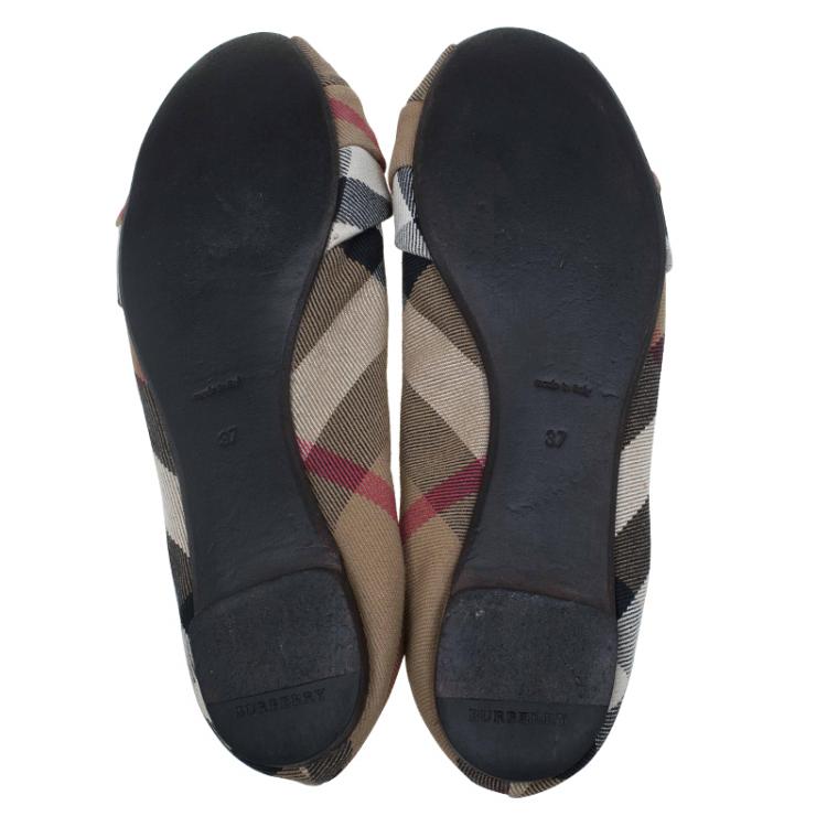 Pre Owned Burberry Brown Canvas Novacheck Knotted Ballet Flats Size 37