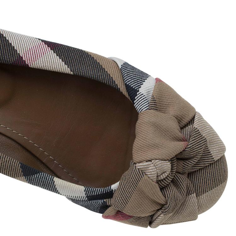 Pre Owned Burberry Brown Canvas Novacheck Knotted Ballet Flats Size 37