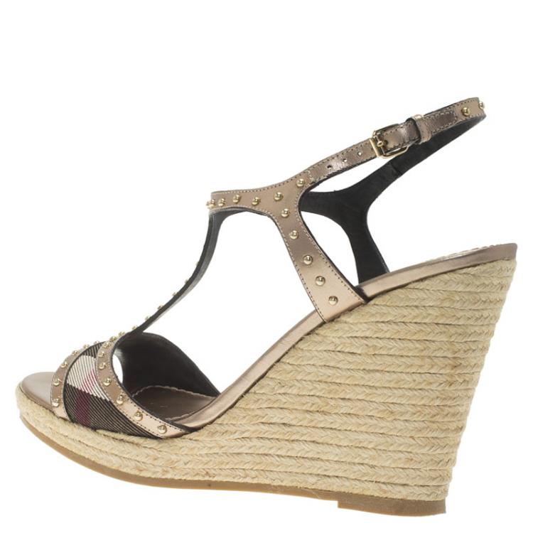 Pre Owned Burberry Brown Novacheck Fabric and Leather Gold Studded T Strap Espadrille Wedge Sandals Size 39