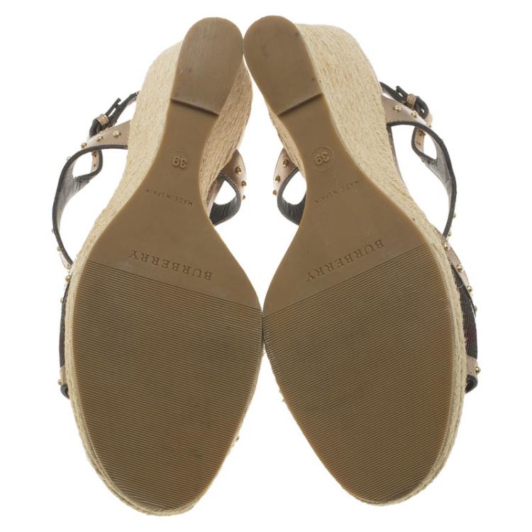 Pre Owned Burberry Brown Novacheck Fabric and Leather Gold Studded T Strap Espadrille Wedge Sandals Size 39