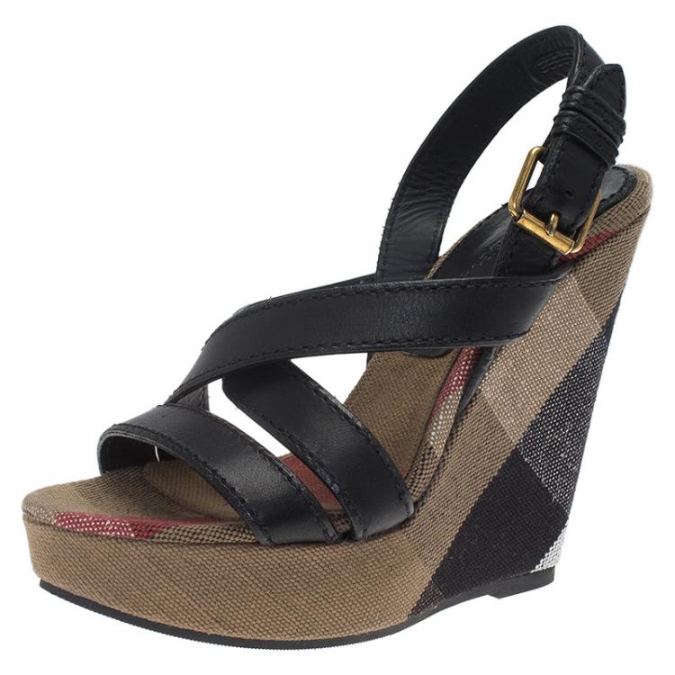 Pre Owned Burberry Brown Novacheck Canvas and Leather Slingback Wedge Sandals Size 36