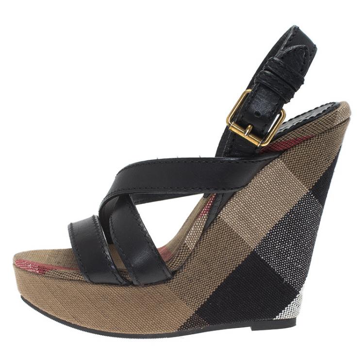 Pre Owned Burberry Brown Novacheck Canvas and Leather Slingback Wedge Sandals Size 36