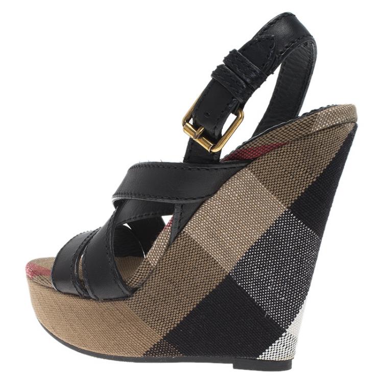 Pre Owned Burberry Brown Novacheck Canvas and Leather Slingback Wedge Sandals Size 36