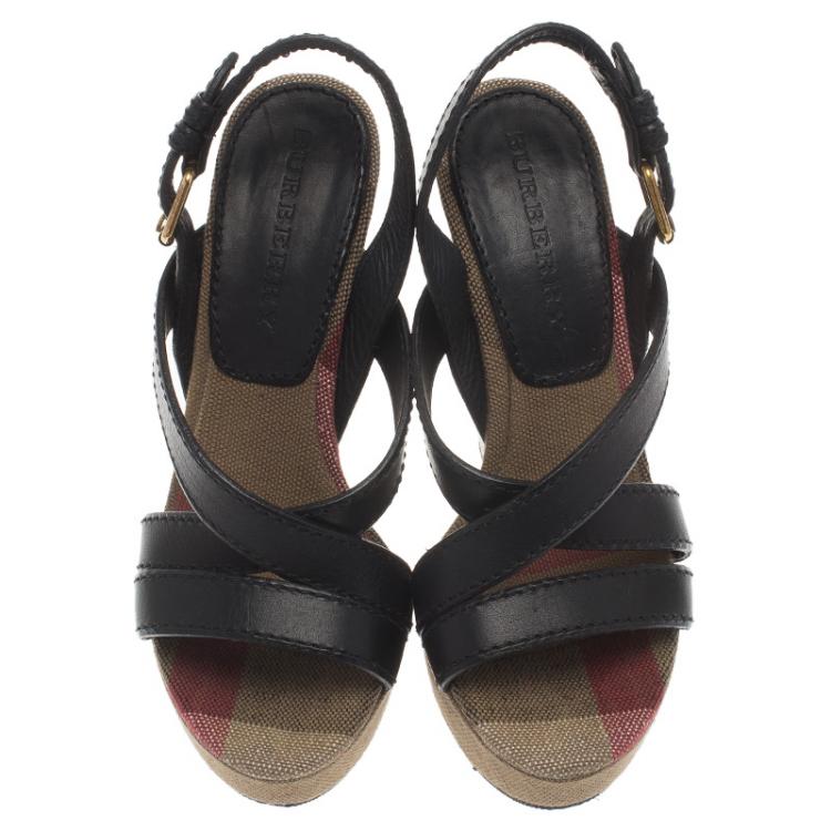 Pre Owned Burberry Brown Novacheck Canvas and Leather Slingback Wedge Sandals Size 36