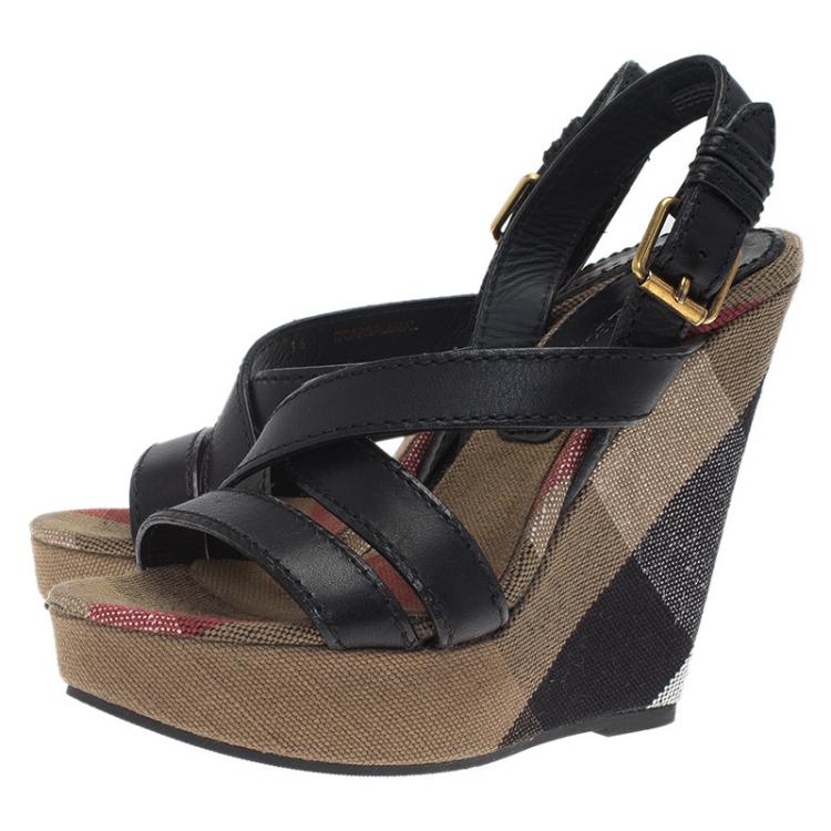 Pre Owned Burberry Brown Novacheck Canvas and Leather Slingback Wedge Sandals Size 36