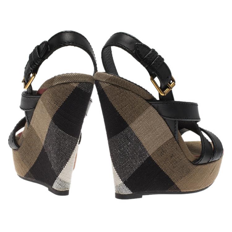 Pre Owned Burberry Brown Novacheck Canvas and Leather Slingback Wedge Sandals Size 36