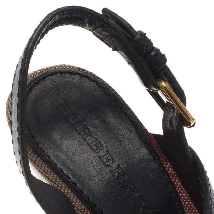 Pre Owned Burberry Brown Novacheck Canvas and Leather Slingback Wedge Sandals Size 36
