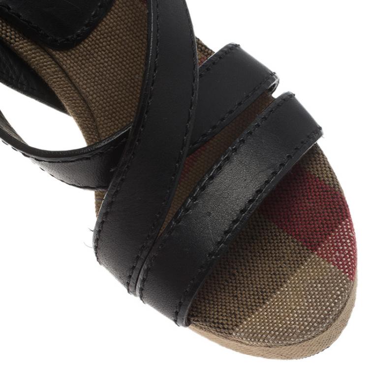 Pre Owned Burberry Brown Novacheck Canvas and Leather Slingback Wedge Sandals Size 36