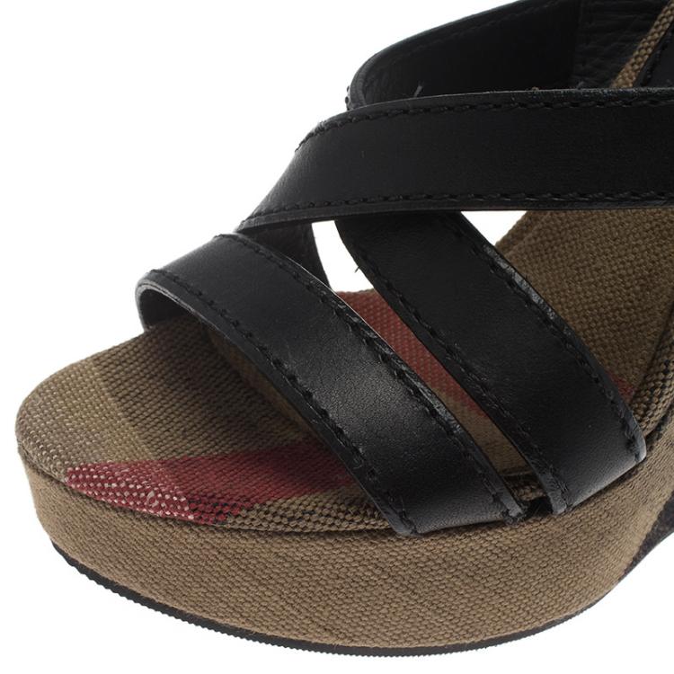 Pre Owned Burberry Brown Novacheck Canvas and Leather Slingback Wedge Sandals Size 36
