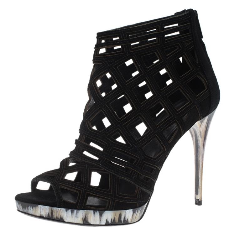 Pre Owned Burberry Black Suede Cage Ankle Boots Size 38
