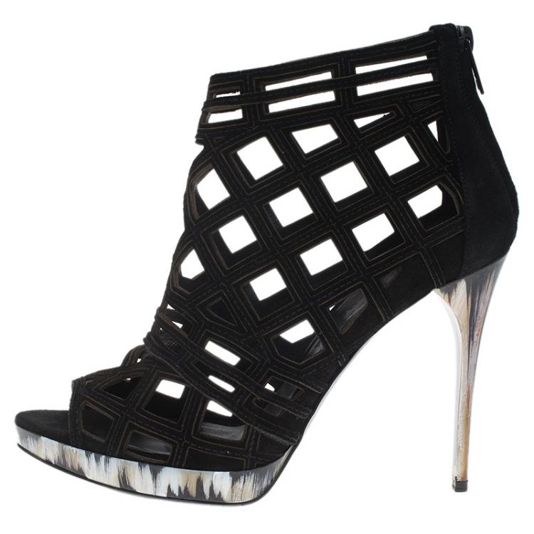 Pre Owned Burberry Black Suede Cage Ankle Boots Size 38
