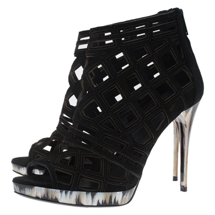 Pre Owned Burberry Black Suede Cage Ankle Boots Size 38