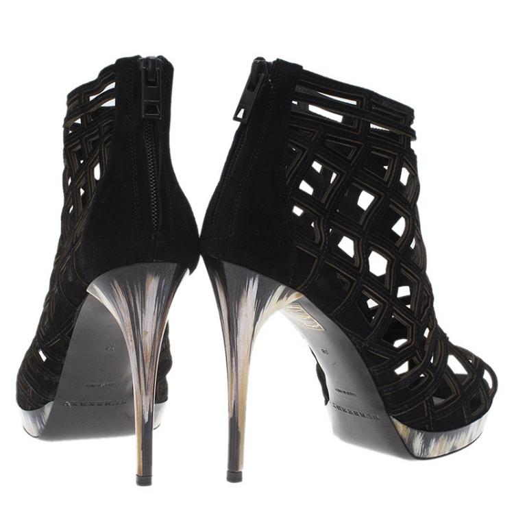 Pre Owned Burberry Black Suede Cage Ankle Boots Size 38