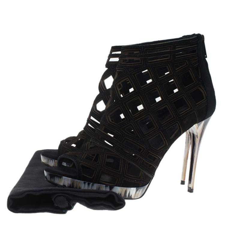 Pre Owned Burberry Black Suede Cage Ankle Boots Size 38