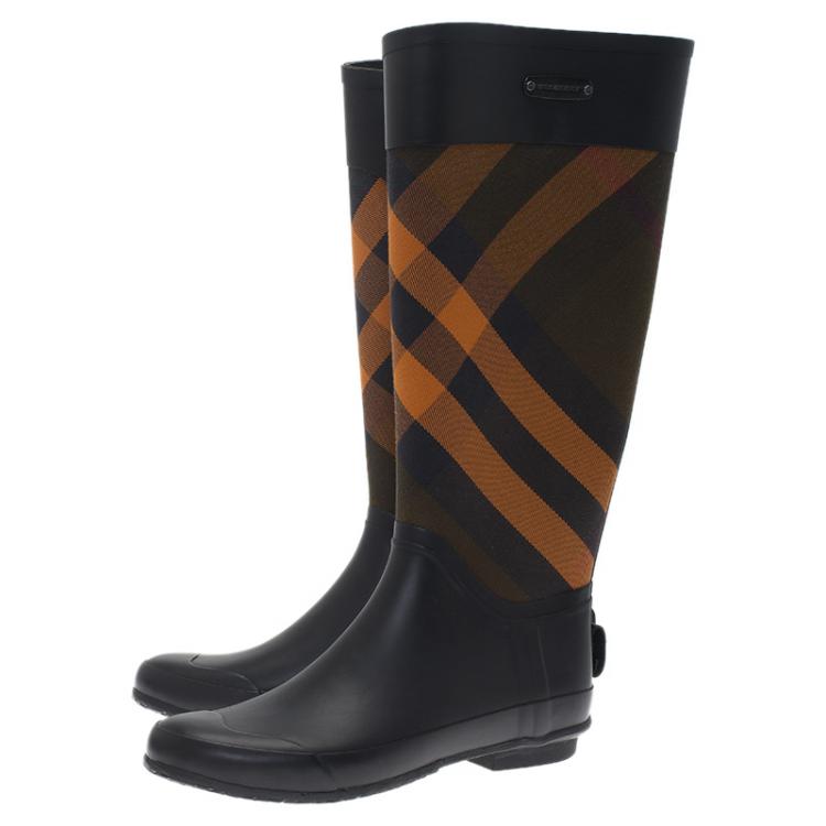 Pre Owned Burberry Black Rubber And Novacheck Canvas Rain Boots Size 38