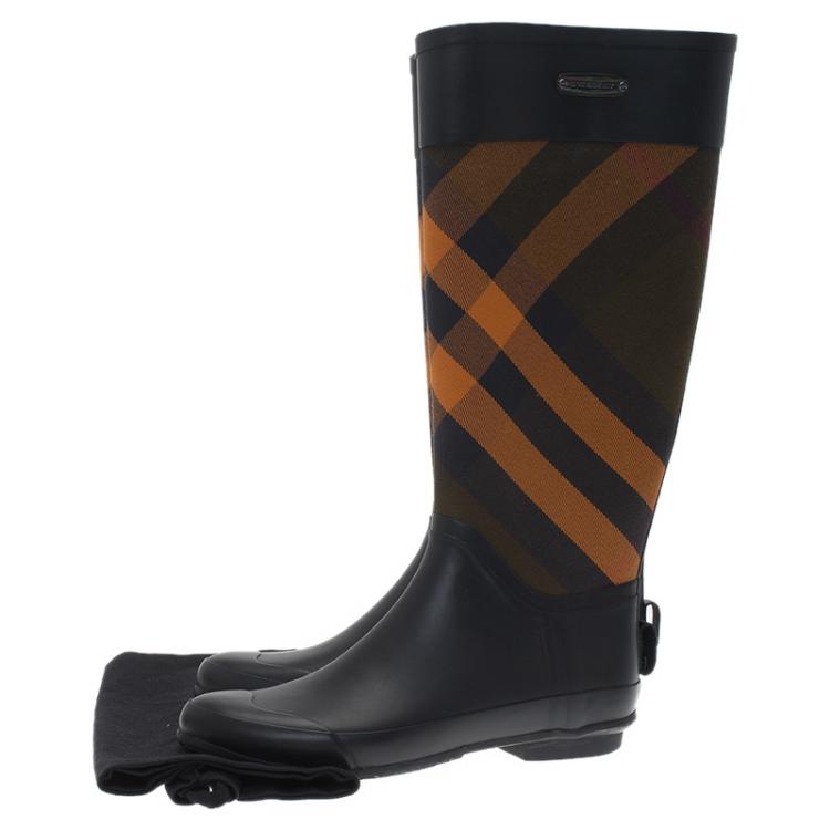 Pre Owned Burberry Black Rubber And Novacheck Canvas Rain Boots Size 38