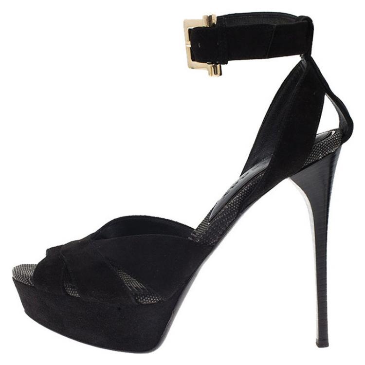 Pre Owned Burberry Black Suede Platform Ankle Strap Sandals Size 38.5